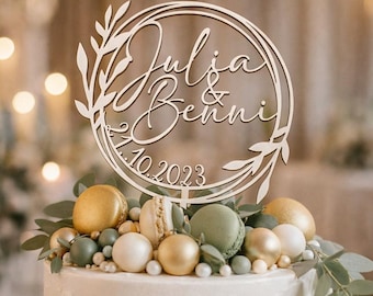 Topo de bolo de casamento personalizado em madeira com nomes e data – Decoração de casamento boho – Topo de bolo para noivos (várias cores disponíveis)