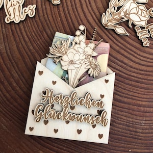 Geldgeschenk Blumenstrauß im Brief Holz personalisierbar für Hochzeit,Geburtstag, Muttertag, Taufe, Kommunion, Konfirmation