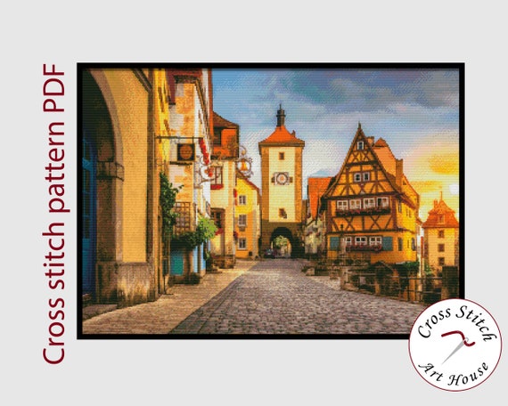ローテンブルクの街並みを描いたクロスステッチパターン：ドイツの村の