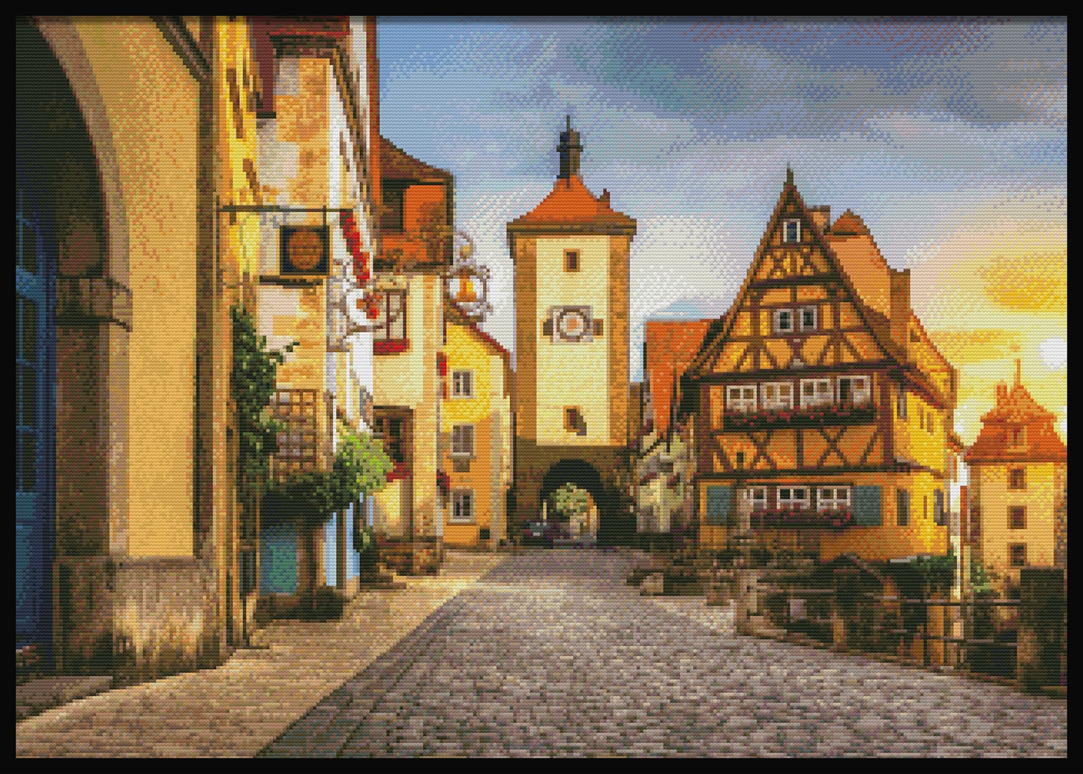 ローテンブルクの街並みを描いたクロスステッチパターン：ドイツの村の