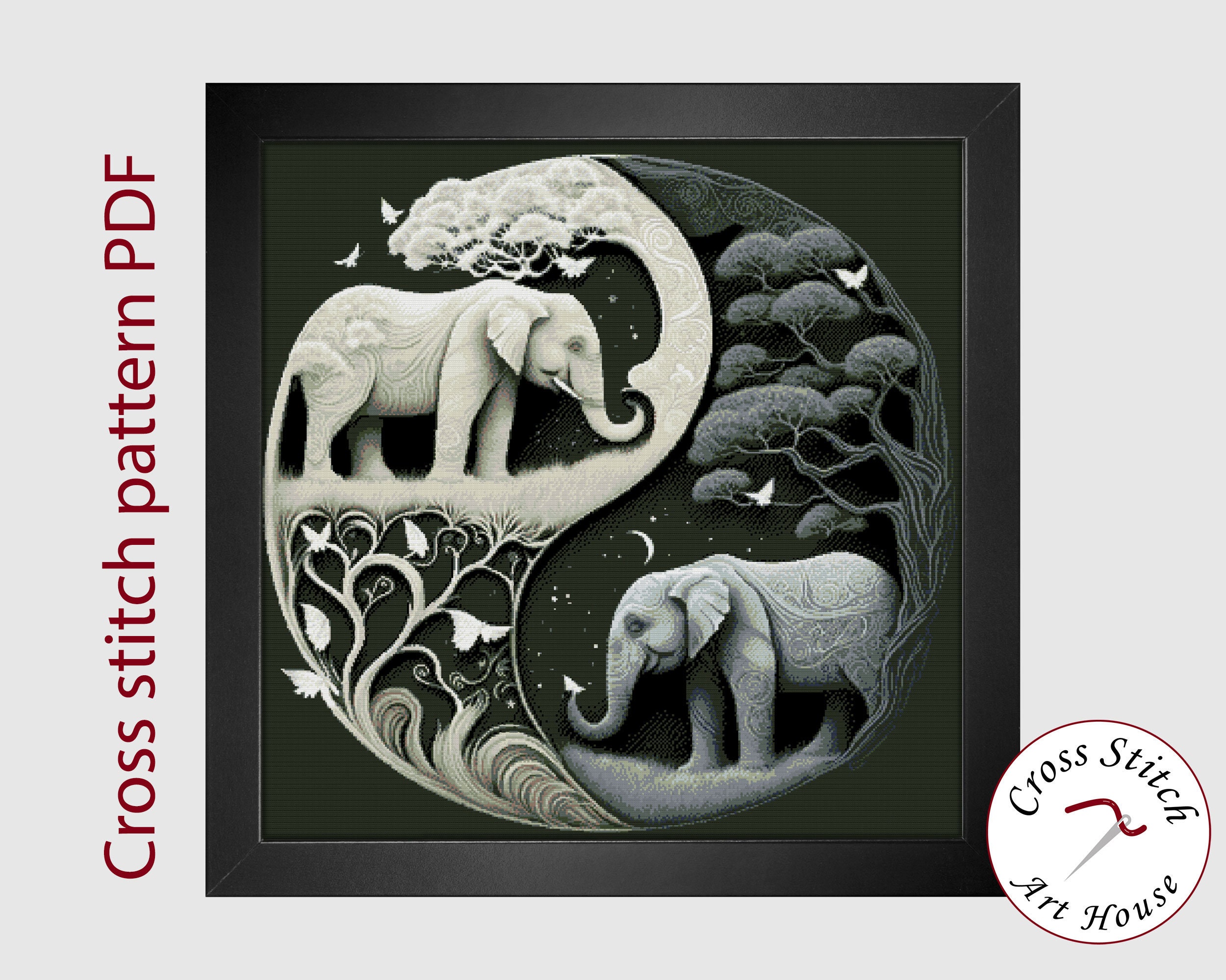 Yin Yang Elephants Cross Stitch Pattern: Gentle Harmony (PDF, XSD