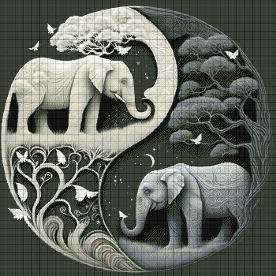 Yin Yang Elephants Cross Stitch Pattern: Gentle Harmony (PDF, XSD
