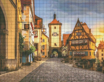 ローテンブルクの街並みを描いたクロスステッチパターン：ドイツの村の