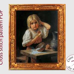 May include: A painting of a young girl with blonde hair, wearing a white dress and a blue necklace, looking sad as she holds a spoon and a bowl of spilled milk. The painting is framed in a gold frame.