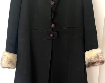 Stunning 50's 60's black fitted coat with fur collar and cuffs