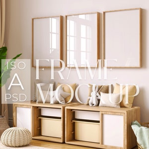 Maqueta de marco de guardería | Conjunto de 3 marcos en el interior del hogar | Reflejo de vidrio | Maquetas de impresiones y carteles | Plantilla PSD para Photoshop | Tamaños DIN A