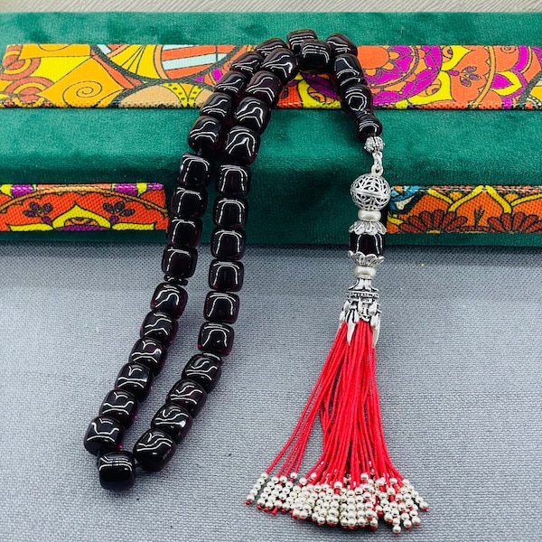 Black Amber Rosary, 33 beads with 925 sterling silver tassel, Bakalite Amber Misbaha, Islamic Prayer Beads, Tasbih for Man