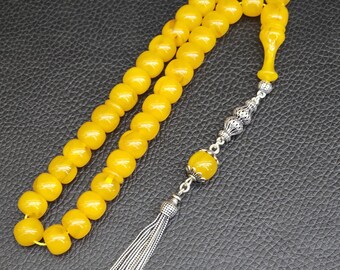 Gele Amber Tasbih, 925 zilveren speciale kwast, luxe Amber kralen, islamitische gebedskralen, Faturan Amber kralen, moslim rozenkrans, Tasbeeh 33