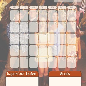 May include: A printable monthly planner with a brown pencil icon at the top. The planner has a calendar grid with the days of the week labeled. The calendar is decorated with a photo of a group of people. The planner also has sections for important dates and goals.