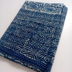 Indigo Blue Kantha Cotton Blanket, Throw Kantha Reversible Coverlet ,Bedspread Coverlet Queen Kantha Quilt