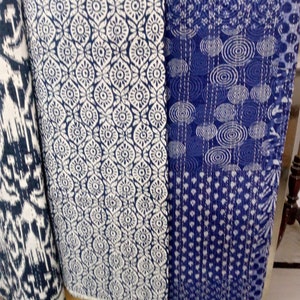 Indigo Blue Kantha Cotton Blanket, Throw Kantha Reversible Coverlet ,Bedspread Coverlet Queen Kantha Quilt