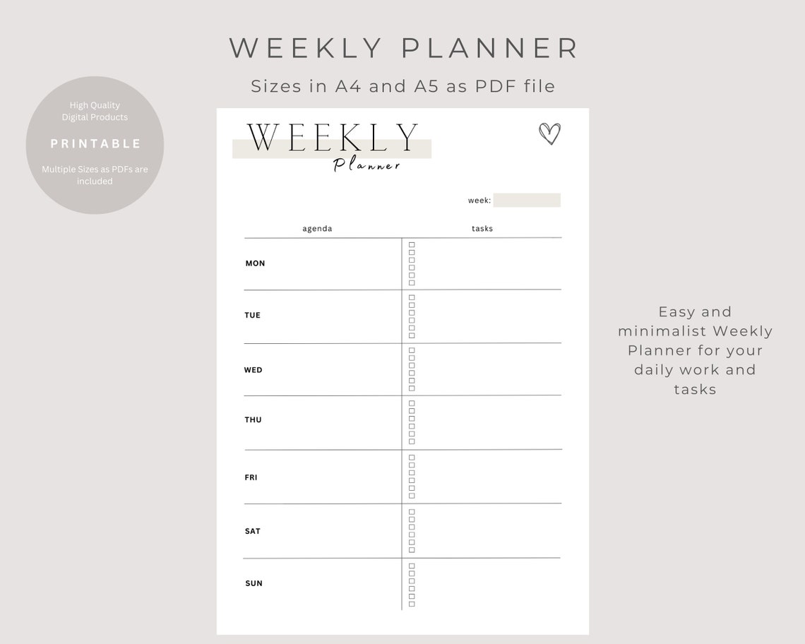 Weekly Planner Printable Minimal Calendar A4 and A5 Digital Download ...