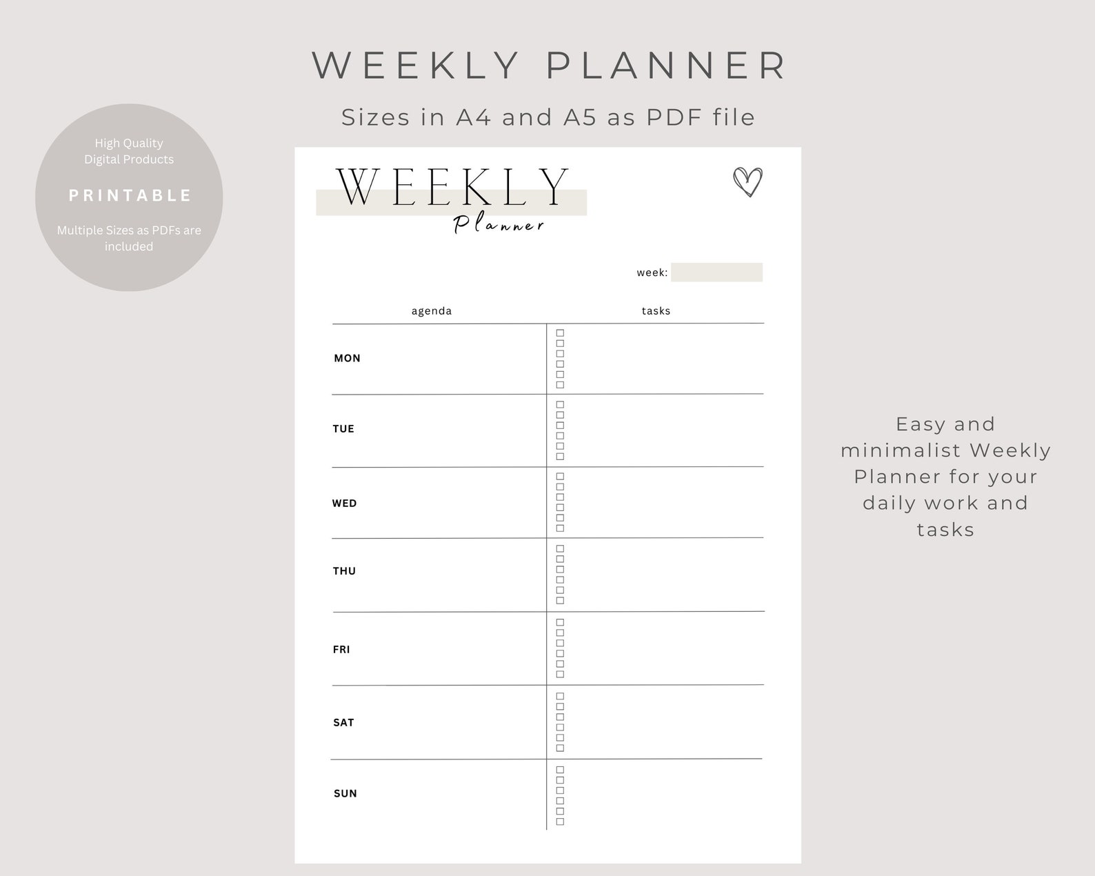Weekly Planner Printable Minimal Calendar A4 and A5 Digital Download ...
