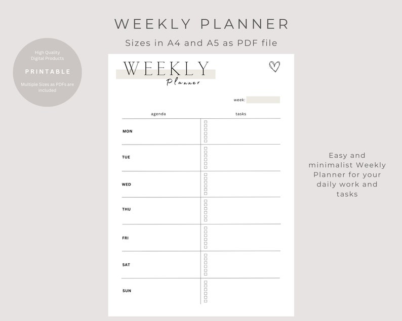Weekly Planner Printable Minimal Calendar A4 and A5 Digital Download ...