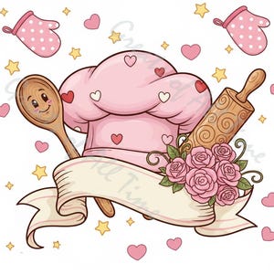 May include: A charming illustration of baking-themed elements. It includes a pink chef's hat with hearts, a wooden spoon, and a rolling pin. Pink oven mitts, hearts, stars, and roses are also present. A banner is included in the design.