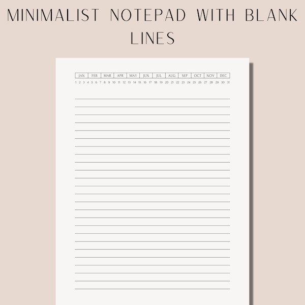 Minimalist Note Pad with Blank Lines, Month and date, Printable Blank Line Notepad. Instant Download Page