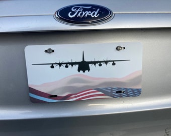 Placa de matrícula de metal C-130 con bandera estadounidense, aerotransportado, tripulación aérea, EE. UU., USMC