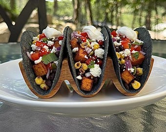 Support à tacos triple en bois fait main : acajou, chêne, acacia, manguier