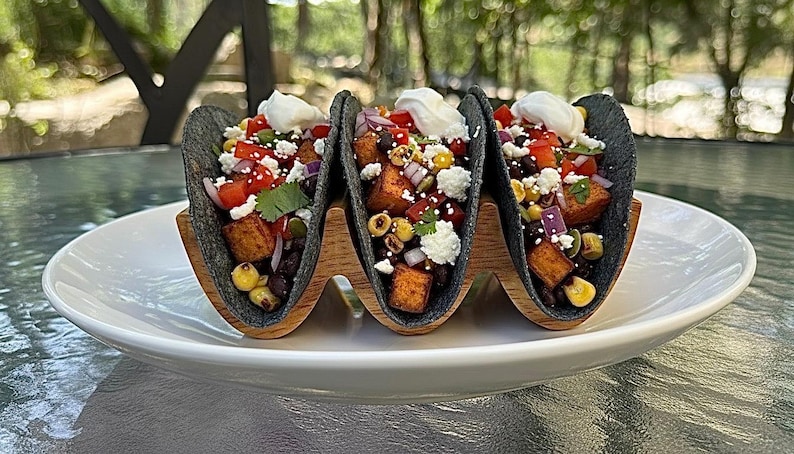Handmade Wooden Triple Taco Holder: Mahogany, Oak, Acacia, Mango Wood