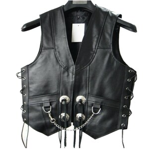 ジャケット・アウター leather fur studs concho knit vest Men's Black Leather Fringed Concho Chain Vest Motorcycle