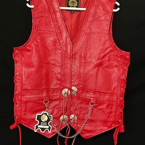 Men&#39;s Red Leather Fringed Concho Chain Vest Motorcycle Biker Vest S to 5XL
