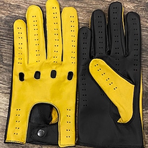 Men&#39;s Reverse Stitched Leather Driving Gloves Yellow & Black New.