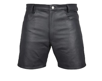 Men's Genuine COW Leather Black Shorts Casual 5 Pockets Short Zipper Fly Leather