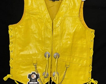 Men's Yellow Leather Fringed Concho Chain Vest Motorcycle Biker Vest S to 5XL