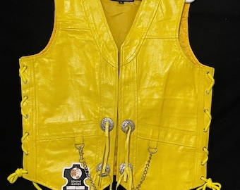 Men's Yellow Leather Fringed Concho Chain Vest Motorcycle Biker Vest S to 5XL