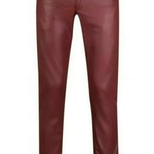 Men&#39;s Motorbike Cowhide Leather Pant 5 Pockets Burgundy Leather Pant 28&quot; - 44&quot;