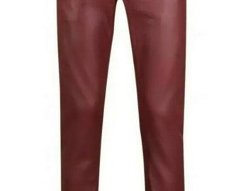 Men's Motorbike Cowhide Leather Pant 5 Pockets Burgundy Leather Pant 28" - 44"
