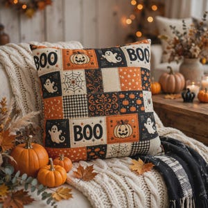 ハロウィンパッチワーク柄「BOO」枕カバー | スパンポリエステル製スクエア枕カバー