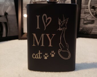 8oz Stainless Black Flask.  "I Love My Cat".