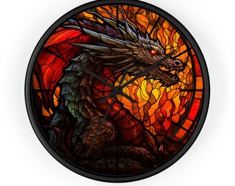 Dragon Fire Stained-glass - Wall Clock, Fantasy, Home Decor, Office Decor, Teens Decor