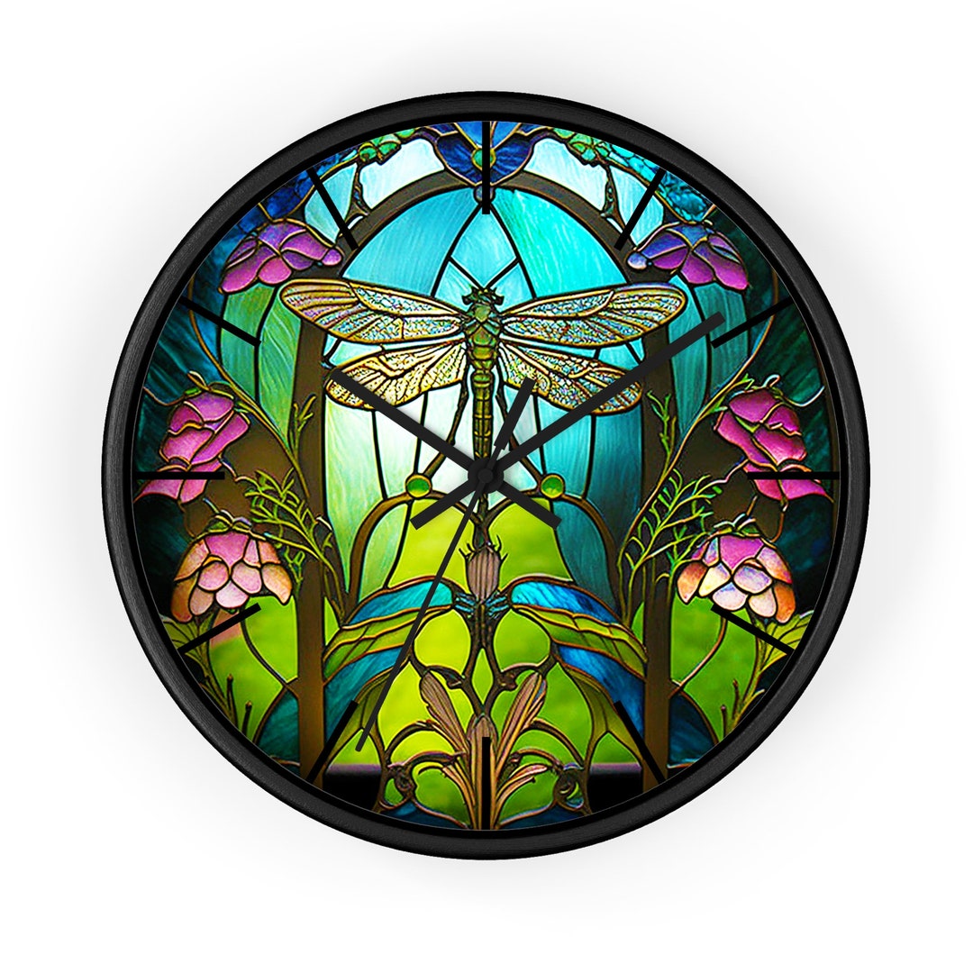 Dragonfly Clock Roses Faux Stained Glass Dragonfly Wall Clock, Fantasy, Home Decor, Fantasy ...