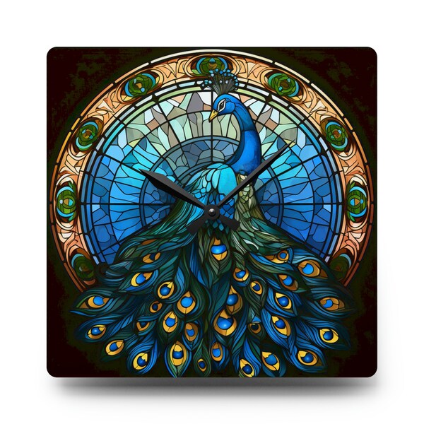 Foux Stained Glass Peacock - Acrylic Wall Clock, Fantasy, Home Decor, Bedroom Decor, Office Decor