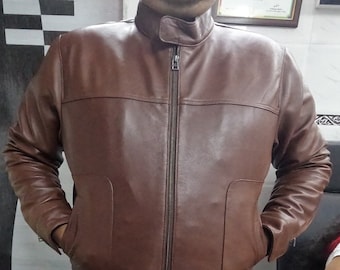Mens Lambskin DARK Tan Leather Jacket, Cafe Racer MOTORCYCLE Jacket, Biker Mid-weight Real Lambskin Leather, MANDARIN Collar Jacket For Men