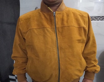 Plus Size Mens Tobacco TAN SUEDE Leather Jacket, Handmade Leather BOMBER Style Jacket, 90's Oversized Vintage Real Suede Leather Jacket