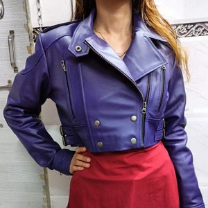 Womens & Girls Lambskin Purple CROPPED Leather Jacket, PURPLE CROPPED Motorcycle Leather Jacket Beautiful ~ Leather Bolero Jacket