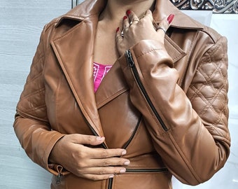 Women Brown Leather Jacket Handmade Slim Fit | Women Designer Motorcycle Jacket Sheepskin Biker Leather Jacket with Long Sleeves - Tan Brown