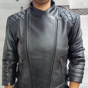 Womens Lambskin BLACK Leather Jacket | Handmade Sheep Leather Casual Jacket | Slim Fit Collarless PARTY Leather Jacket With Quilted Stylish