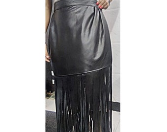 LEATHER WRAP SKIRT, Gorgeous Fringe Black Skirt, A line Wrap Skirt, Gothic Witchy Cosplay Skirt, Steampunk Skirt, Cyberpunk Style Skirt