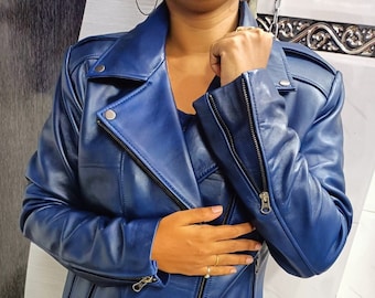 Womens & Girls 100% Genuine Soft Real Lambskin Leather Jacket | Antique Blue Moto Biker Jacket | Birthday Gift For Her |