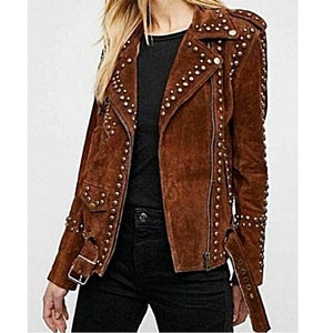 Womens BROWN Suede Jacket | Slim Fit Motorcycle Suede Leather Jacket | Party Wear Suede Jacket With Belted | Personalized Gift For Her