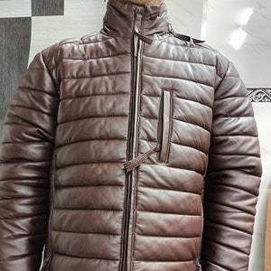 Mens Dark Brown Lamb Leather Jacket, Inspired By WINDBREAKER Style Biker Puffer Leather PADDED Jacket, Winter Leather PUFFER Quilted Jacket