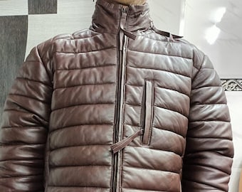 Mens Dark Brown Lamb Leather Jacket, Inspired By WINDBREAKER Style Biker Puffer Leather PADDED Jacket, Winter Leather PUFFER Quilted Jacket