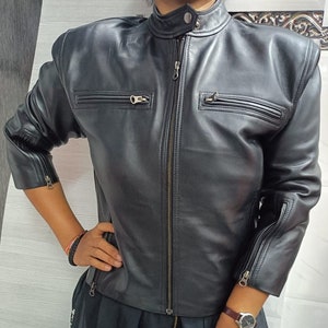Womens Lambskin BLACK Leather Jacket | Slim Fit Cropped Style Motor Biker Leather Jacket | Sheep Leather Jacket With Collar Halloween Gift |