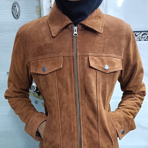Women & Girls Lambskin Tan Brown SUEDE Leather TRUCKER | DENIM Stylish Suede Biker Jacket | Slim fit Casual Ladies Suede Jacket Gift For Her