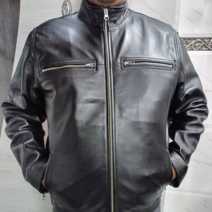 Men&#39;s Genuine Lambskin BLACK Leather Jacket, Motorcycle Leather Jacket CAFE RACER Jacket Handmade Real Leather Biker Jacket Gift for Him