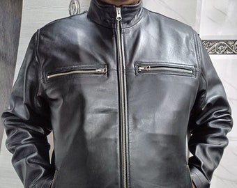 Echtes Lammfell SCHWARZ Lederjacke für Herren, Motorrad Lederjacke CAFE RACER Jacke Handgefertigtes Echtleder Bikerjacke Geschenk für Ihn